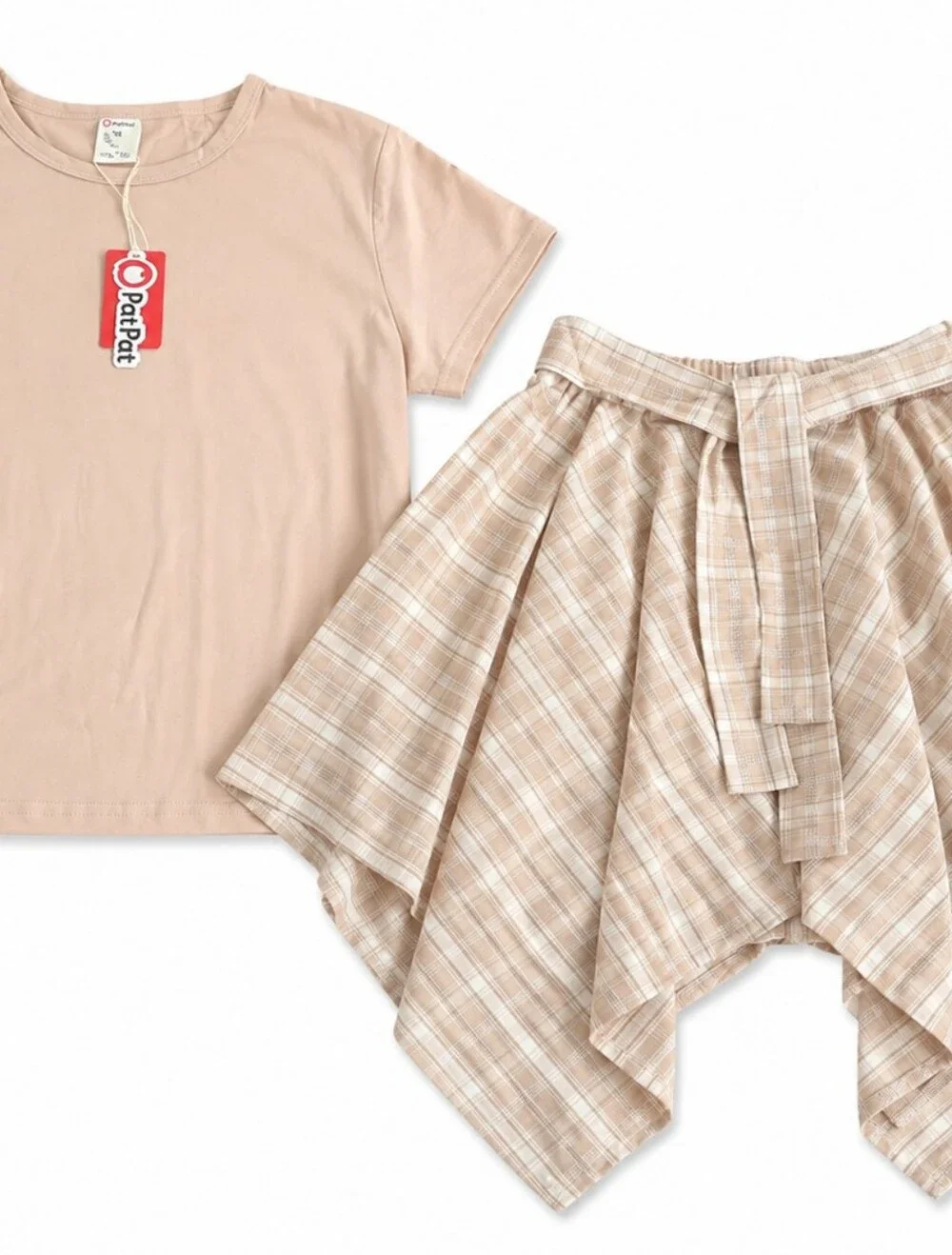 Pat PatGirls Beige Plaid Handkerchief Hem Skirt with Tie Waist And Classic Tan T